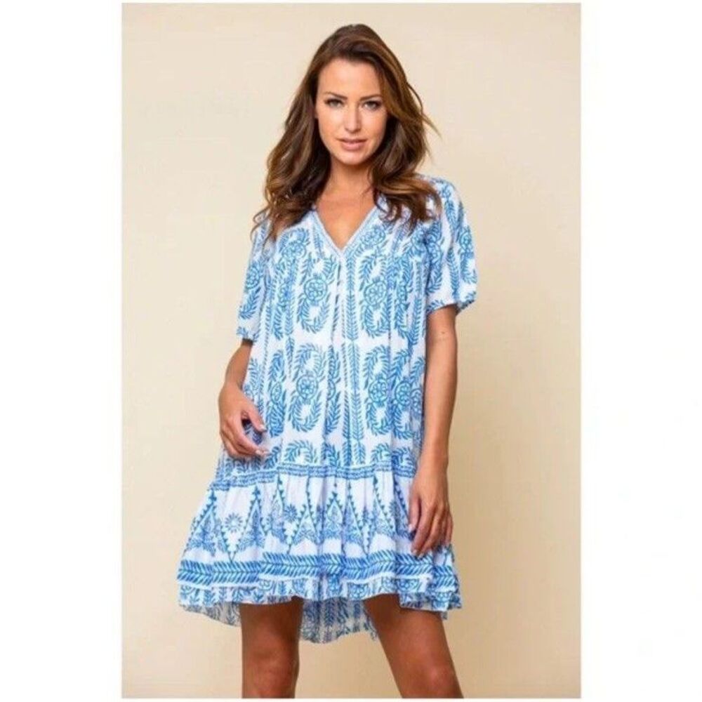 VINTAGE IBIZA Women's Blue White Tiered Boho Cotton Casual Party Dress Size S